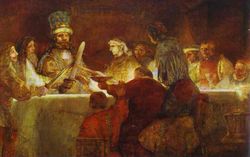 The Conspiracy of Julius Civilis, completed in 1661 by Rembrandt, the best-known painter of the Dutch Golden Age. It depicts a Batavian oath to Gaius Julius Civilis, the head of the Batavian rebellion against the Romans in 69.  It was to be hung in the city hall of Amsterdam, as a display of heroism analogous to that of the recent Eighty Years' War, that had led to independence from Spain. However, it was rejected because Rembrandt did not paint the figures as idealisations, but as real people.