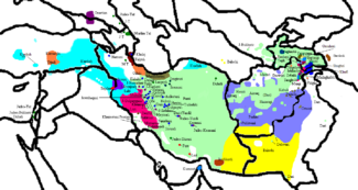 Geographic distribution of the Iranian languages: Persian (green), Pashto (purple), and Kurdish (turquoise), as well as smaller communities of other Iranian languages