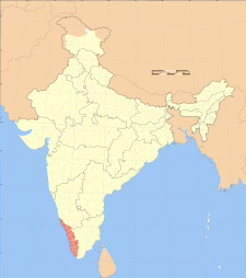 Map of India with the location of Kerala highlighted.