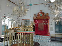 An interior view of the Knanaya Nasrani Valia Palli (St. Mary’s Church), located in Thazhathangadi, Kottayam district. It features an ornate Knanaya tabernacle veiled — as is customary in Jewish temples or synagogues — by a red curtain. (Exterior shot).