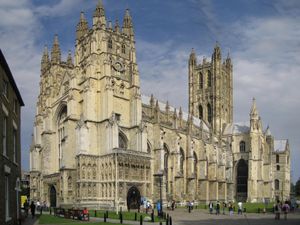 Canterbury Cathedral from the southwest. It houses the cathedra or throne of the Archbishop of Canterbury, and is the mother church of the Diocese of Canterbury (east Kent) and the Church of England, and the focus for the Anglican Communion.