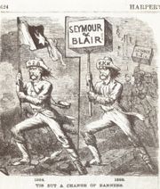 A political cartoon depicting the KKK and the Democratic party as continuations of the Confederacy