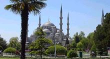 The Sultan Ahmed Mosque / Blue Mosque in Istanbul, Turkey with its tall, slender minarets is considered a classic example of Ottoman architecture