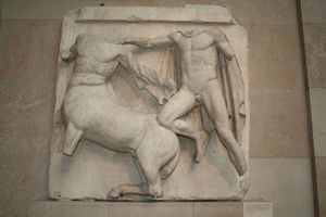 Detail of the West metopes. One of the high-relief sculptures removed by Lord Elgin's expedition and now in the British Museum