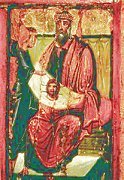 This 10th-century image shows Abgarus of Edessa displaying the Image of Edessa. The oblong cloth shown here is unusual for depictions of the image, leading some to suggest that the artist was influenced by seeing the Shroud.