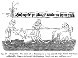 Ploughing with oxen. A miniature from an early-sixteenth-century manuscript of the Middle English poem God Spede ye Plough, held at the British Museum 