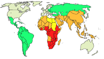 World TB incidence. Cases per 100,000; Red = >300, orange = 200-300; yellow = 100-200; green 50-100 and grey <50. Data from WHO, 2006.