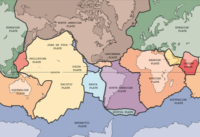 The tectonic plates underlying the continents and oceans