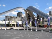 The "Whittle Arch" outside the Transport Museum, built to commemorate Frank Whittle.