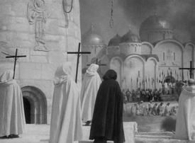 The Teutonic knights in Pskov in 1240 as depicted in Sergei Eisenstein's Alexander Nevsky (1938).