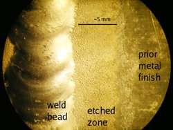 A TIG weld showing an accentuated AC etched zone