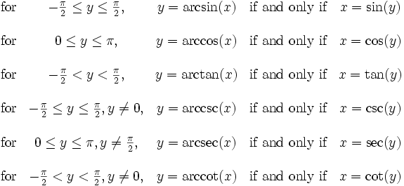 \begin{matrix}     \mbox{for} & -\frac{\pi}{2} \le y \le \frac{\pi}{2},               & y = \arcsin(x) & \mbox{if and only if} & x = \sin(y) \\  \\    \mbox{for} & 0 \le y \le \pi,               & y = \arccos(x) & \mbox{if and only if} & x = \cos(y) \\  \\    \mbox{for} & -\frac{\pi}{2} < y < \frac{\pi}{2},               & y = \arctan(x) & \mbox{if and only if} & x = \tan(y) \\  \\    \mbox{for} & -\frac{\pi}{2} \le y \le \frac{\pi}{2}, y \ne 0,               & y = \arccsc(x) & \mbox{if and only if} & x = \csc(y) \\  \\    \mbox{for} & 0 \le y \le \pi, y \ne \frac{\pi}{2},               & y = \arcsec(x) & \mbox{if and only if} & x = \sec(y) \\  \\    \mbox{for} & -\frac{\pi}{2} < y < \frac{\pi}{2}, y \ne 0,               & y = \arccot(x) & \mbox{if and only if} & x = \cot(y)  \end{matrix}