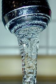 Drinking water from a tap.