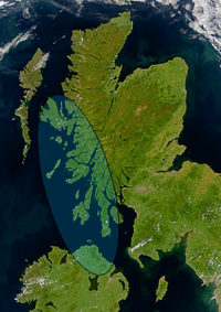 Satellite image of northern Britain and Ireland showing the approximate area of Dál Riata (shaded). The mountainous spine which separates the east and west coasts of Scotland can be seen.