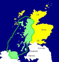 Map of Dál Riata at its height, c. 580–600. Pictish regions are marked in yellow.