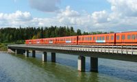 A Helsinki metro train crossing the Vuosaari metro bridge.