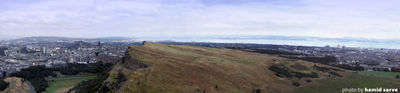 Panoramic view of Edinburgh from the top of Arthur's Seat.