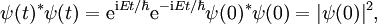 \psi(t)^*\psi(t) =  \mathrm{e}^{\mathrm{i} Et / \hbar}\mathrm{e}^{-\mathrm{i} Et / \hbar} \psi(0)^*\psi(0)  = |\psi(0)|^2,