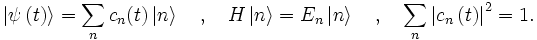 \left|\psi\left(t\right)\right\rang = \sum_n c_n(t) \left|n\right\rang \quad,\quad H \left|n\right\rang = E_n \left|n\right\rang \quad,\quad \sum_n \left|c_n\left(t\right)\right|^2 = 1.