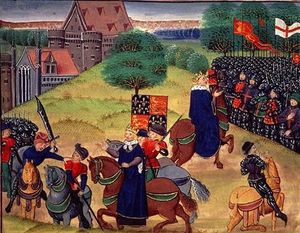 The end of the revolt: Wat Tyler killed by Walworth while Richard II watches, and a second image of Richard addressing the crowd