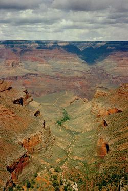 Looking down Bright Angel trail to the Grand Canyon. The green area is Indian Gardens and the trail continues to Phantom Ranch at the river where a suspension bridge allows access to the North Rim.