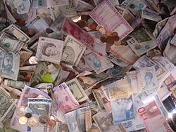 Banknotes from all around the world donated by visitors to the British Museum, London