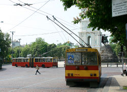 Trolley buses in front of the St. Sophia Cathedral.