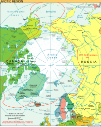 The red line indicates the 10°C isotherm in July, commonly used to define the Arctic region border