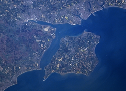 A satellite photograph of the Isle of Wight and the Solent