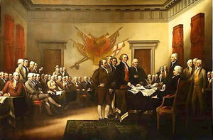 John Trumbull's famous painting          is usually incorrectly identified as a depiction of the signing of the Declaration, but it actually shows the drafting committee presenting its work to the Congress.