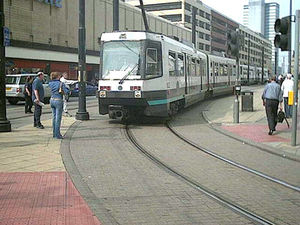 A Metrolink tram in Manchester city centre.