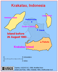 Map of Krakatoa as it is today, showing boundaries of the ancient caldera in which the island sits