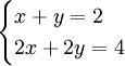 \begin{cases}x + y = 2 \\ 2x + 2y = 4\end{cases}