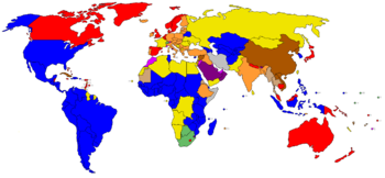 States by their systems of government as of April 2006.  ██ presidential republics, full presidential system ██ presidential republics, executive presidency linked to a parliament ██ presidential republics, semi-presidential system ██ parliamentary republics ██ parliamentary constitutional monarchies in which the monarch does not personally exercise power ██ constitutional monarchies in which the monarch personally exercises power, often alongside a weak parliament ██ absolute monarchies ██ states whose constitutions grant only a single party the right to govern ██ military dictatorships