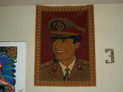 A wall carpet depicting Col. Gaddafi, in a hotel in Misratah