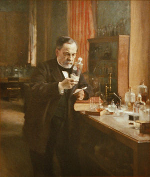 Louis Pasteur in his laboratory, painting by A. Edelfeldt in 1885.