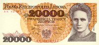 Historical 20 000 złoty banknote of Poland with face of Maria Skłodowska Curie