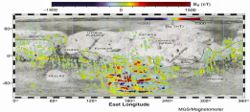 Strength of Mars' magnetic field. (Red and Blue show stronger than average areas)