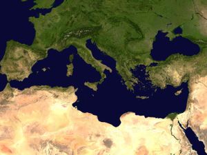 Composite satellite image of the Mediterranean Sea.